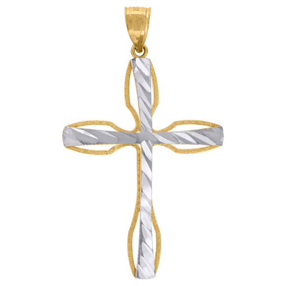 10kt Two-tone Gold Unisex Diamond-cut Cross Religious Charm Pendant