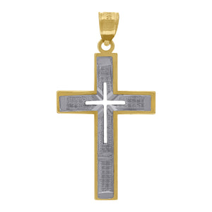 10kt Two-tone Gold Unisex Textured Cross Religious Charm Pendant