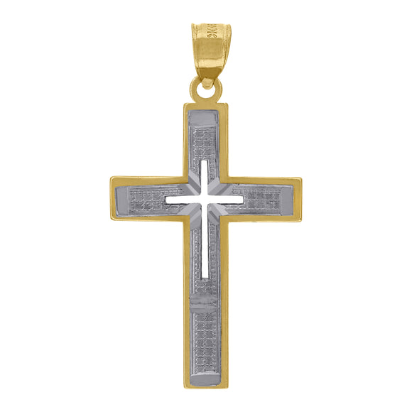 10kt Two-tone Gold Unisex Textured Cross Religious Charm Pendant