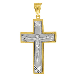 10kt Gold Two-tone Diamond-cut Unisex Cross Crucifix Ht:56.9mm x W:28.8mm Religious Charm Pendant