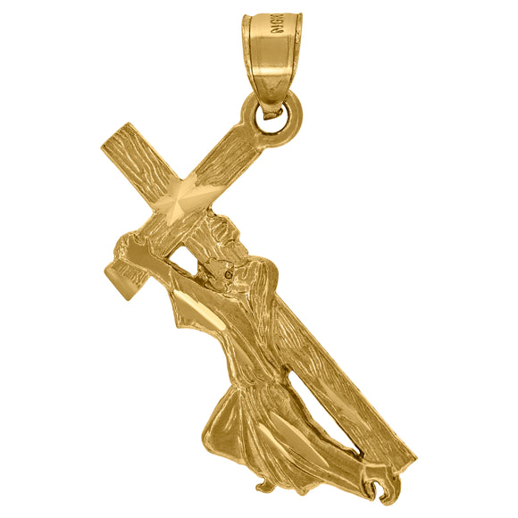 10kt Yellow Gold Diamond-cut Unisex Jesus Carrying Cross Ht:21.1mm x W:29.6mm Religious Charm Pendant