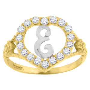 10kt Two-tone Gold Womens Cubic Zirconia Polished Finish Heart Shape Letter E Initial Ring