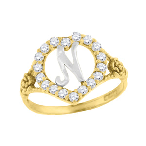 10kt Two-tone Gold Womens Cubic Zirconia Polished Finish Heart Shape Letter N Initial Ring