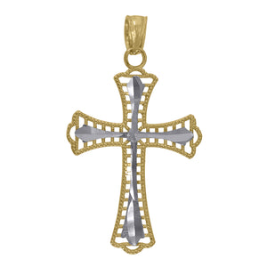 10kt Gold Two-tone Diamond-cut Unisex Cross Ht:30.8mm x W:17.3mm Religious Charm Pendant