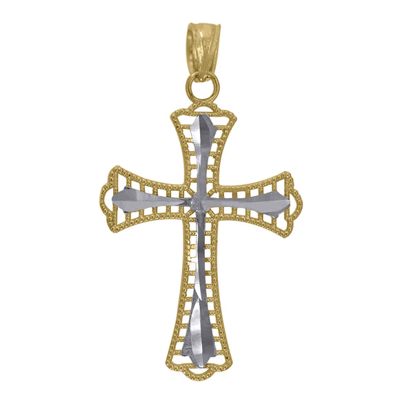 10kt Gold Two-tone Diamond-cut Unisex Cross Ht:30.8mm x W:17.3mm Religious Charm Pendant