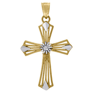 10kt Gold Two-tone Diamond-cut Unisex Cross Ht:29.7mm x W:17.4mm Religious Charm Pendant