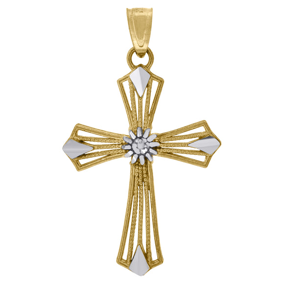 10kt Gold Two-tone Diamond-cut Unisex Cross Ht:29.7mm x W:17.4mm Religious Charm Pendant