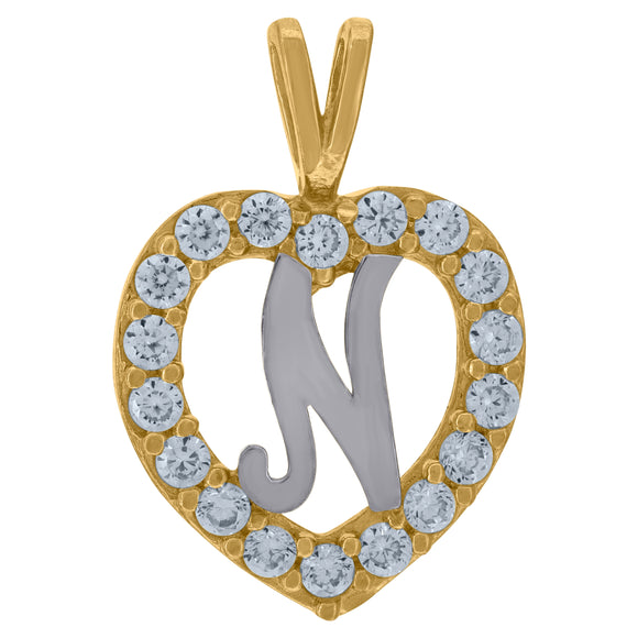 10kt Two-tone Gold Womens Cubic Zirconia Heart Initial N Charm Pendant