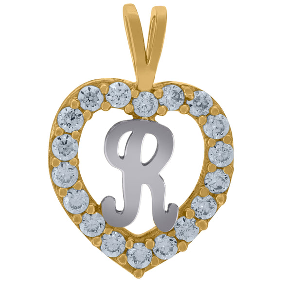 10kt Two-tone Gold Womens Cubic Zirconia Heart Initial R Charm Pendant