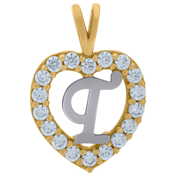 10kt Two-tone Gold Womens Cubic Zirconia Heart Initial T Charm Pendant