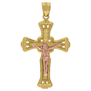 10kt Two-tone Gold Mens Textured Crucifix Cross Religious Charm Pendant