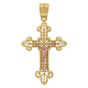 10kt Gold Two-tone Diamond-cut Unisex Cross Crucifix Ht:34mm x W:18.8mm Religious Charm Pendant