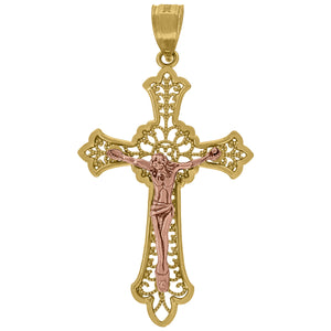 10kt Gold Two-tone Diamond-cut Unisex Cross Crucifix Ht:39.1mm x W:21.3mm Religious Charm Pendant