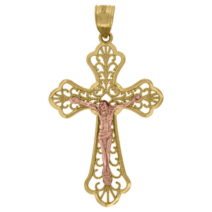 10kt Gold Two-tone Diamond-cut Unisex Cross Crucifix Ht:39.2mm x W:22.1mm Religious Charm Pendant