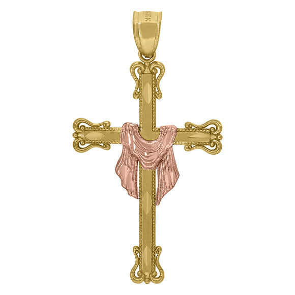 10kt Gold Two-tone Diamond-cut Unisex Cross Wrapped Ht:43.3mm x W:24.1mm Religious Charm Pendant