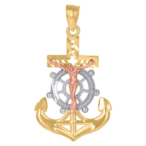 10kt Gold Tri-color Unisex Anchor Cross Crucifix Ht:29.8mm x W:16.3mm Religious Charm Pendant