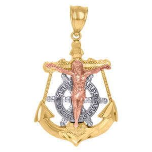 10kt Gold Tri-color Diamond-cut Unisex Anchor Cross Crucifix Ht:38.6mm x W:22.5mm Religious Charm Pendant