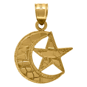 10kt Yellow Gold Nugget Unisex Star Moon Ht:23.7mm x W:17.4mm Religious Charm Pendant