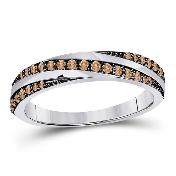 14kt White Gold Womens Round Brown Diamond Diagonal Stripe Band Ring 1/4 Cttw