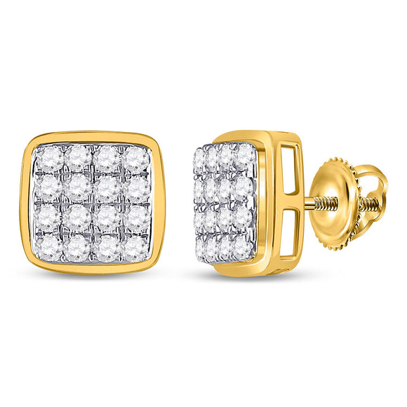 10kt Yellow Gold Mens Round Diamond Square Cluster Earrings 1 Cttw