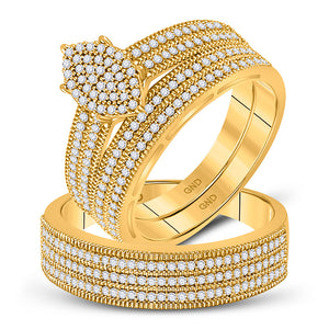10kt Yellow Gold His Hers Round Diamond Cluster Matching Wedding Set 3/4 Cttw