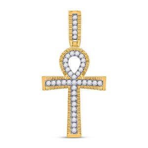 10kt Yellow Gold Mens Round Diamond Ankh Cross Charm Pendant 1 Cttw