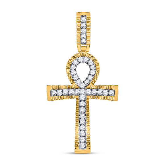 10kt Yellow Gold Mens Round Diamond Ankh Cross Charm Pendant 1 Cttw