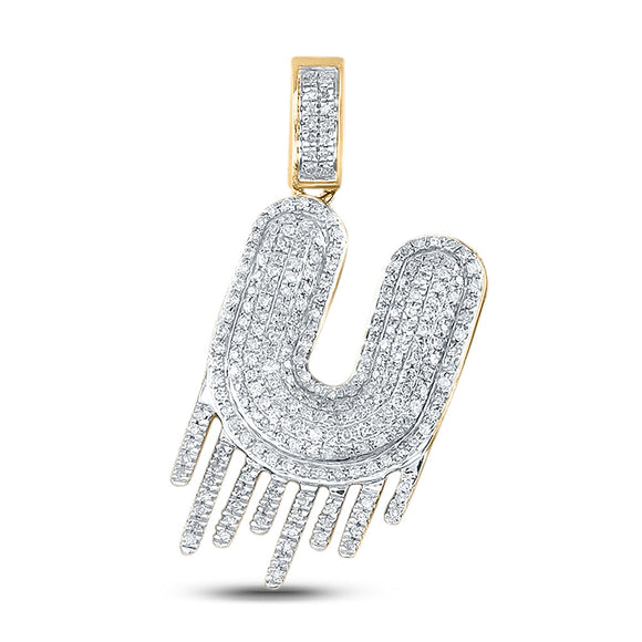 10kt Yellow Gold Mens Round Diamond Dripping U Letter Charm Pendant 3/4 Cttw