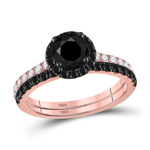 14kt Rose Gold Womens Round Black Color Enhanced Diamond Bridal Wedding Ring Set 2-1/5 Cttw