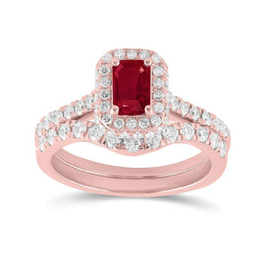 14kt Rose Gold Womens Emerald-cut Ruby Solitaire Bridal Wedding Ring Band Set 1-3/8 Cttw