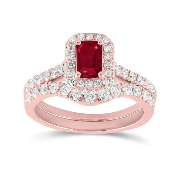 14kt Rose Gold Womens Emerald-cut Ruby Solitaire Bridal Wedding Ring Band Set 1-3/8 Cttw