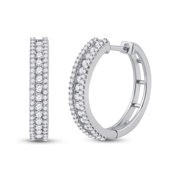 14kt White Gold Womens Round Diamond Hoop Earrings 7/8 Cttw