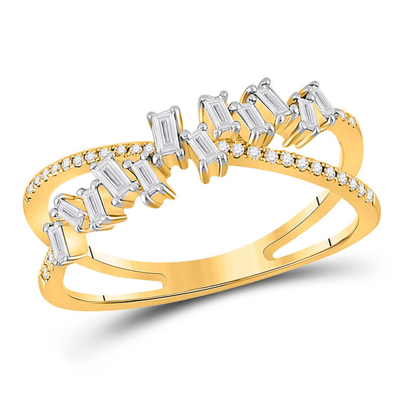 14kt Yellow Gold Womens Baguette Diamond Crossover Fashion Ring 1/3 Cttw