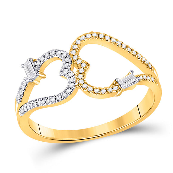 14kt Yellow Gold Womens Baguette Diamond Double Heart Ring 1/5 Cttw