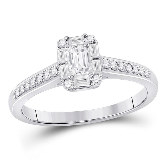 14kt White Gold Emerald Diamond Halo Bridal Wedding Engagement Ring 1/2 Cttw