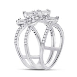 14kt White Gold Womens Baguette Diamond Cluster Strand Fashion Ring 1-1/8 Cttw
