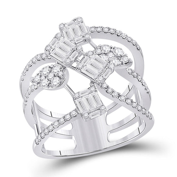 14kt White Gold Womens Baguette Diamond Cluster Strand Fashion Ring 1-1/8 Cttw