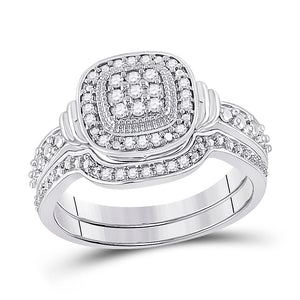 10kt White Gold Round Diamond Square Bridal Wedding Ring Band Set 1/5 Cttw