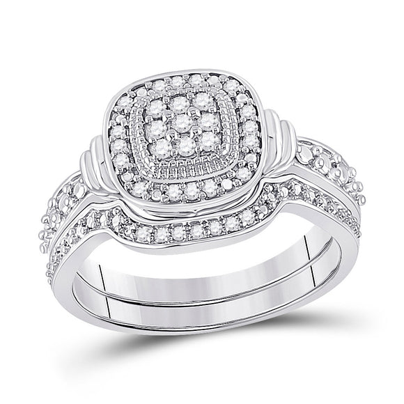 10kt White Gold Round Diamond Square Bridal Wedding Ring Band Set 1/5 Cttw
