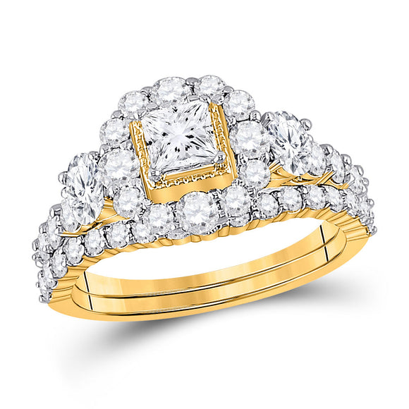 14kt Yellow Gold Princess Diamond Bridal Wedding Ring Band Set 2 Cttw