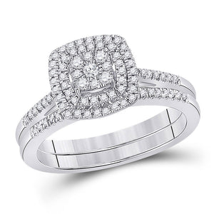 10kt White Gold Round Diamond Square Bridal Wedding Ring Band Set 1/3 Cttw