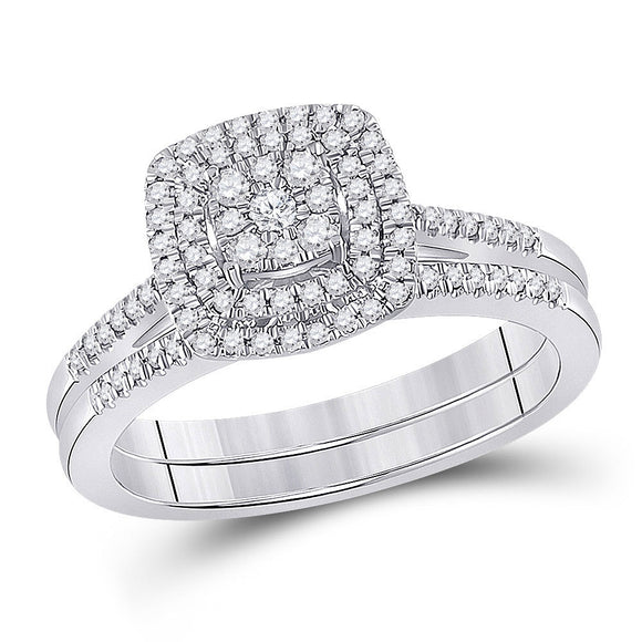 10kt White Gold Round Diamond Square Bridal Wedding Ring Band Set 1/3 Cttw