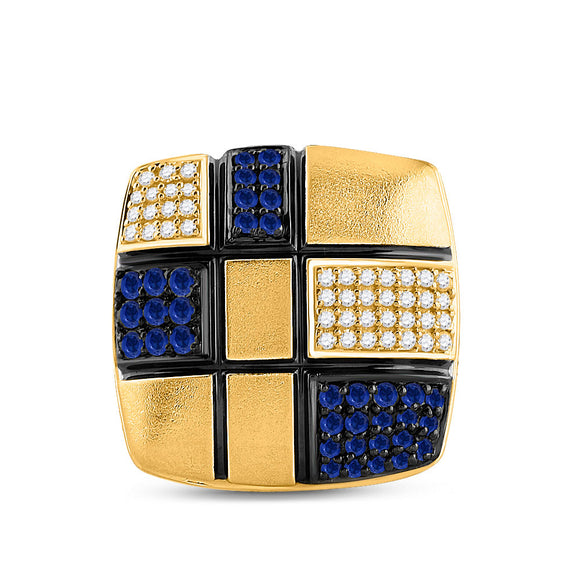 14kt Yellow Gold Womens Round Blue Sapphire Diamond Square Pendant 5/8 Cttw