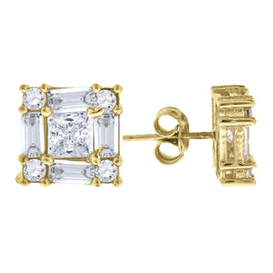 10kt Yellow Gold Mens Baguette & Princess Cut CZ Cubic Zirconia Square Stud Earrings