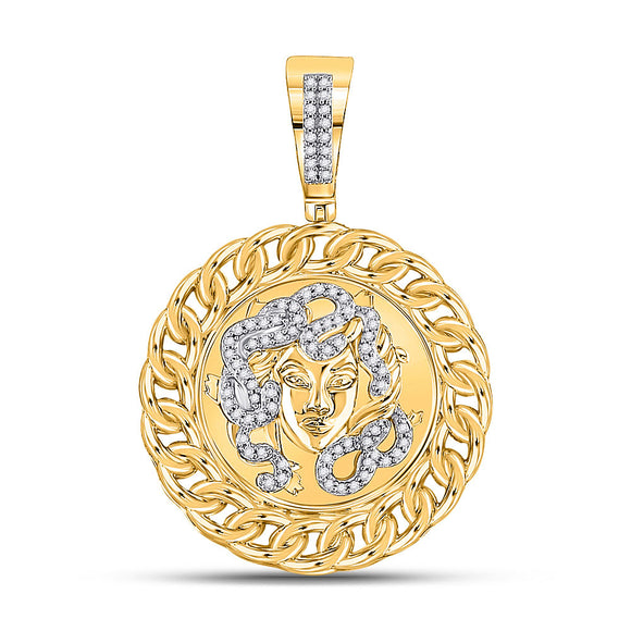 10kt Yellow Gold Mens Round Diamond Medusa Circle Charm Pendant 1/5 Cttw