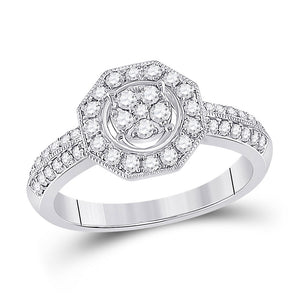 14kt White Gold Womens Round Diamond Fashion Flower Cluster Ring 1/2 Cttw