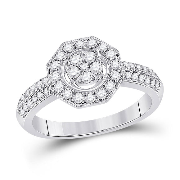 14kt White Gold Womens Round Diamond Fashion Flower Cluster Ring 1/2 Cttw