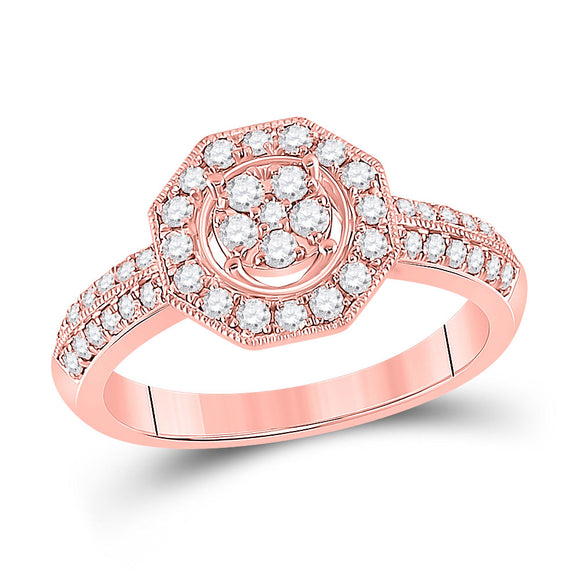 14kt Rose Gold Womens Round Diamond Fashion Flower Cluster Ring 1/2 Cttw