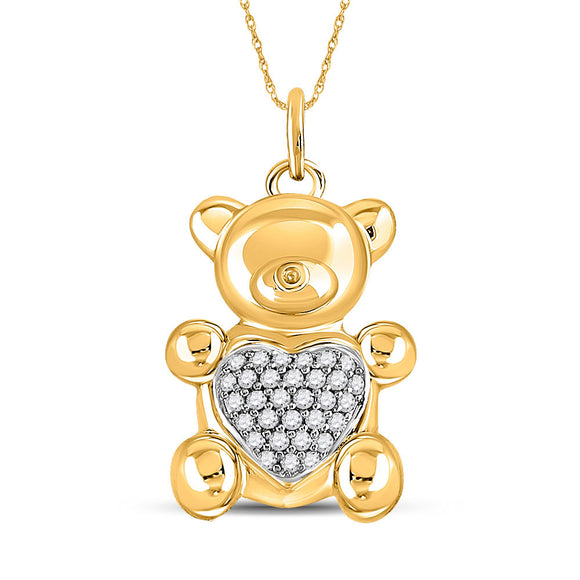 10kt Yellow Gold Womens Round Diamond Bear Heart Animal Pendant 1/10 Cttw