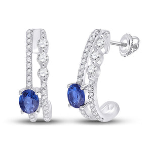 14kt White Gold Womens Oval Blue Sapphire Fashion J Hoop Earrings 3/4 Cttw